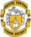 Shield surrounded by a baner with the name Bristol Township School District on it.
