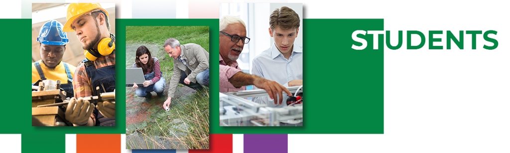 Students Main Nav Header Students title with images of students in various work experiences.