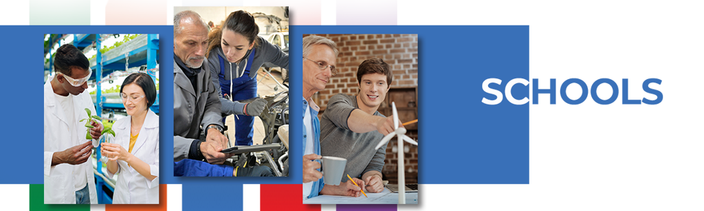 Schools main nav header School headline with images showing students experiencing various jobs.