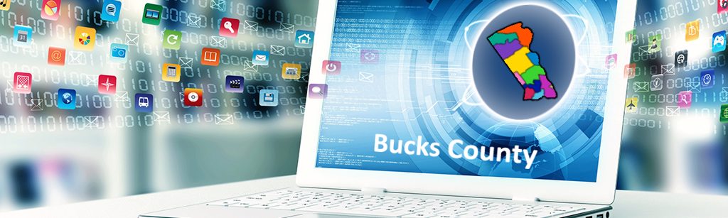Resources Main Image laptop showing compueter data stream of resources flowing thorugh a map of Bucks County PA